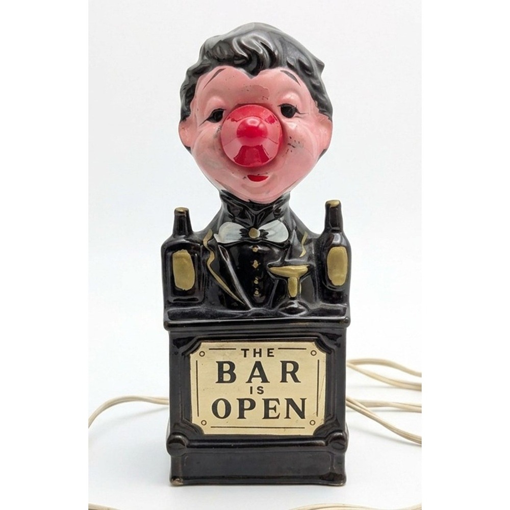 Vintage 1950s The Bar Is Open Bartender Red Nose Lamp Man Cave Japan Works 7.5"